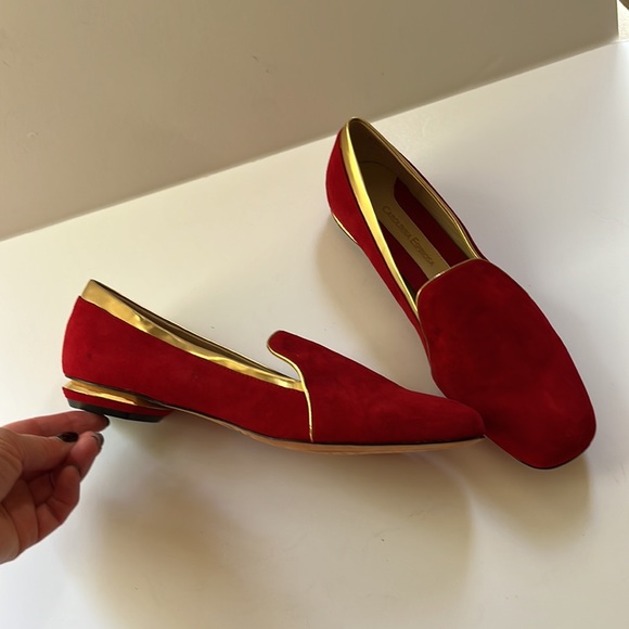 CAROLINNA ESPINOSA | Red Suede Leather Loafer trimmed in Gold - Picture 13 of 14